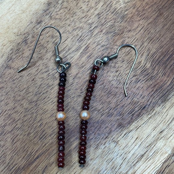 Hand made beaded faux Pearl dangle earrings - Picture 2 of 2